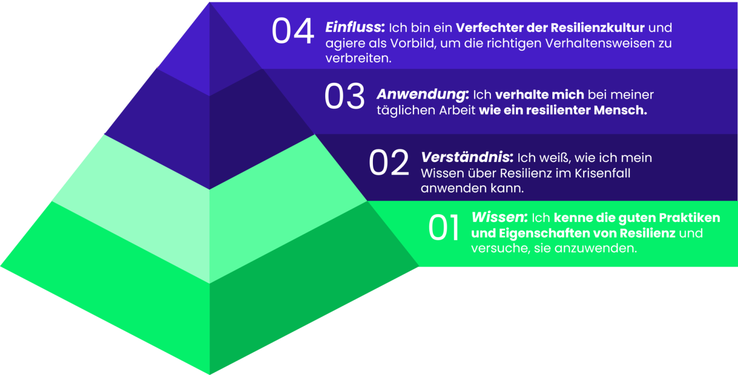 Wir haben bezogen auf Resilienz vier Reifegrade aus individueller Sicht identifiziert: Wissen, Verständnis, Anwendung, Einfluss