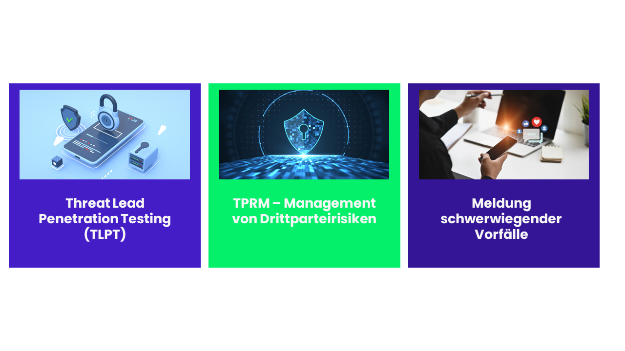 Wir konzentrieren uns auf drei zentrale Herausforderungen: Thread Lead penetration Testing, TPRM Management Drittparteirisiken und Meldung schwerwiegender Vorfälle